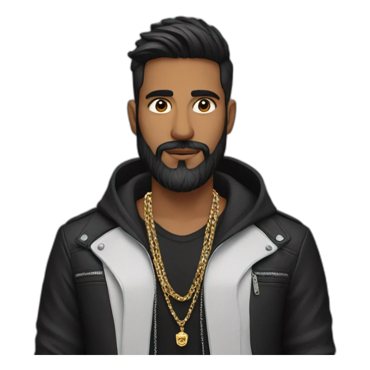 An Indian man with beard wearing men silver chain,styled on a black jacket sticker