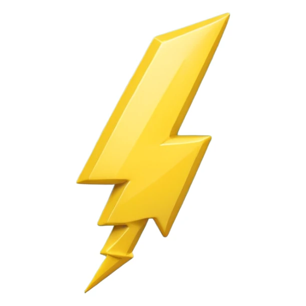 A cute 3D render icon of a lightning bolt shape. Rounded edges, plump and glossy yellow plastic material. Soft studio lighting, cheerful style. Isolated on a clean light blue gradient background. High quality, minimalist design. sticker