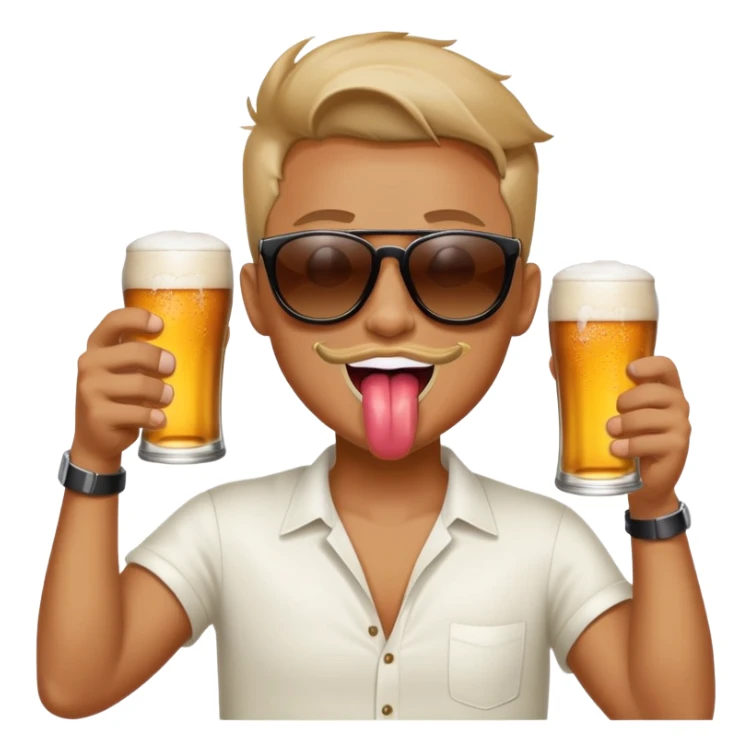 Drinking two beers at the same time, one in each hand, sunglasses on, tongue out of an open mouth sticker