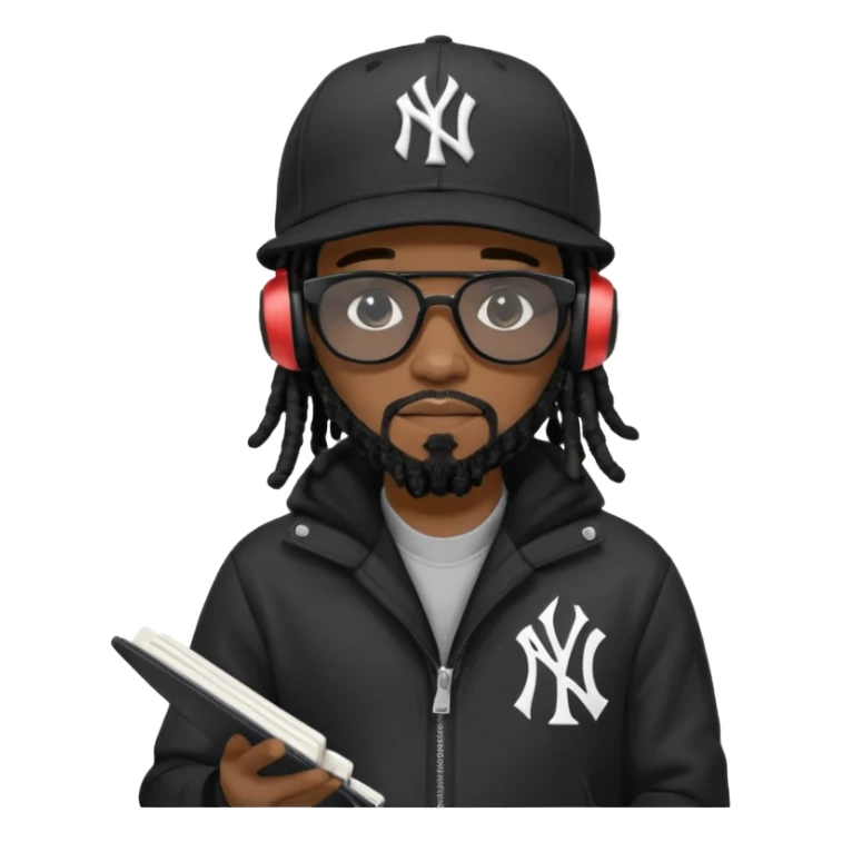 African American man with shoulder length black dreadlocks with black beard wearing black sunglasses wearing a black New York Yankees logo baseball cap wearing a black bubble winter coat wearing headphones writing a rap song in notebook sticker