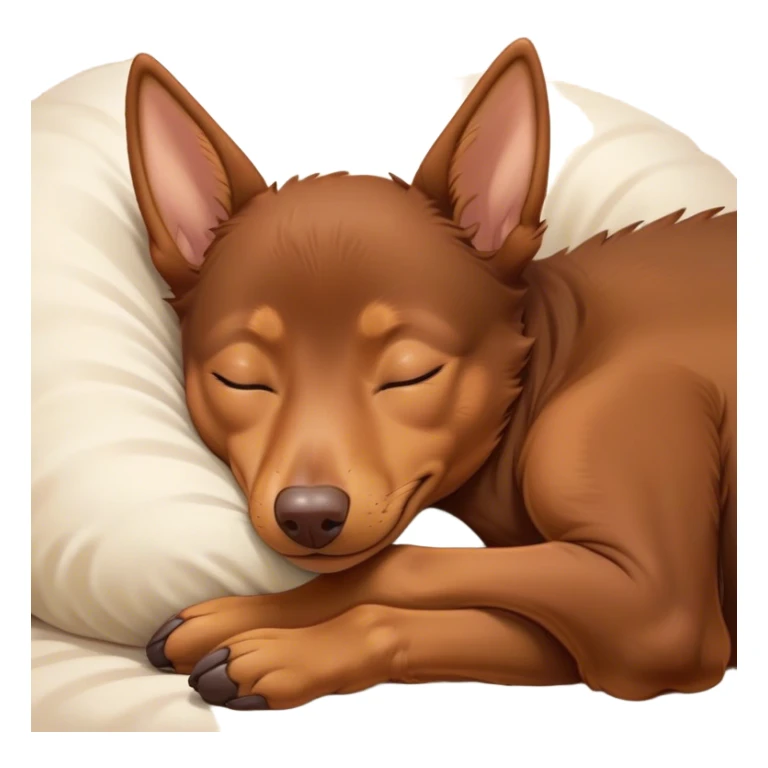 Meme-Worthy Cute Sleeping Brown and Tan Kelpie Portrait Emoji, Head resting peacefully with a contented smile, showcasing a delightfully agile build and a luxuriously soft brown and tan Fur, eyes shut in a serene nap, Simplified yet hilariously adorable features, highly detailed, glowing with a soft, drowsy light, high shine, relaxed and utterly lovable, stylized with an air of playful laziness, bright and heartwarming, soft glowing outline, capturing the essence of a comically sleepy herder, so meme-worthy it feels like it could instantly become the next viral sensation of adorable slumber! sticker