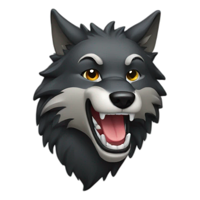 dark wolf head in profile looking to right with open mouth smiling and blinking with on eye sticker