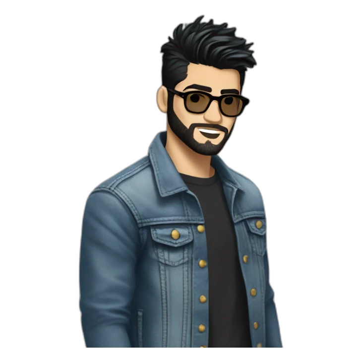 Generate an image of Zayn Malik looking effortlessly cool in a jean jacket, his black beard and hair impeccably styled, and donning a pair of trendy spectacles. sticker