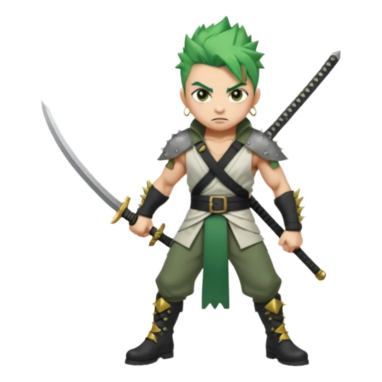 Muscular scarred warrior, short spiky moss-green hair, sharp steel-grey eyes, strong jaw, serious stare. Black trousers, boots, green sash with three katanas, open white coat, three gold earrings. Cinematic, ultra-realistic. sticker
