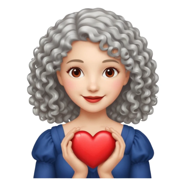 silvery curly/wavy shoulder-length hair smiling lady holding a heart sticker