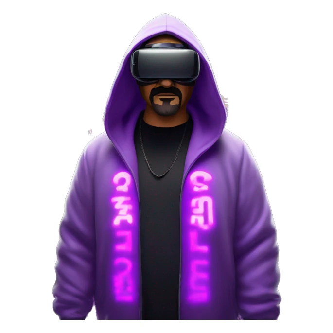 Big Lebowski wearing a black hoodie with "OMG" letters on it and VR headset oculus quest 2 in a cyberpunk VR environment with violet neon lighting. sticker