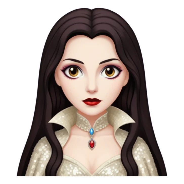 Countess Dracula with long dark brown hair, ivory sequin outfit  sticker