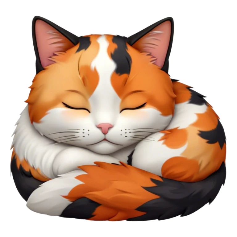 Meme-Worthy Cute Sleeping Calico Cat Portrait Emoji, Head resting peacefully with a content, gentle smile and softly closed eyes, featuring a delicate patchwork fur in vibrant orange, black, and white hues, simplified yet irresistibly endearing, highly detailed, glowing with a soft, drowsy radiance, high shine, exuding relaxed and utterly lovable charm, styled with a gentle, soft glowing outline, capturing the essence of a sleeping calico cat that appears destined to become a viral icon of adorable rest! sticker