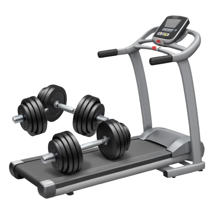 Two heavy dumbbells side by side on the floor in front of a treadmill sticker