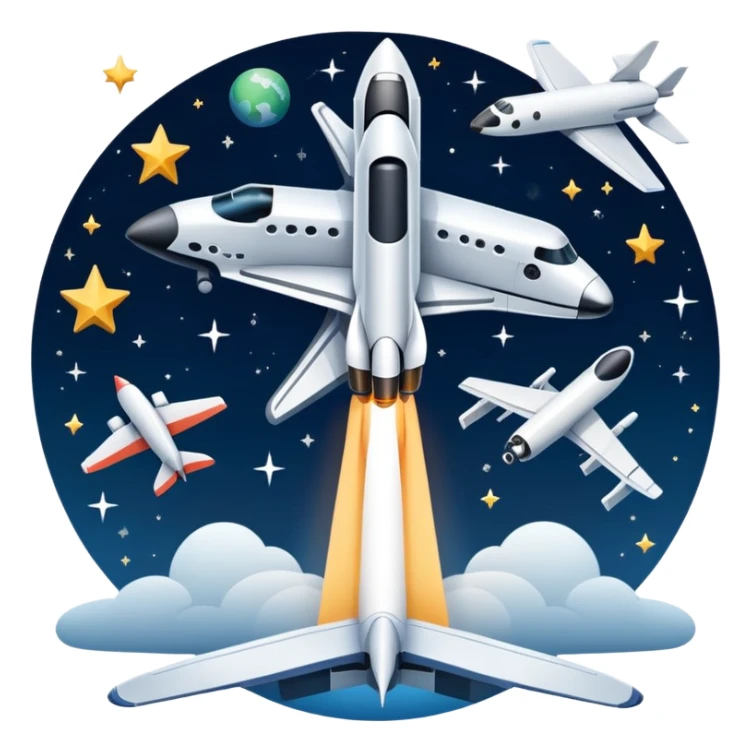 An icon featuring a space shuttle, a drone, and an airplane against a starry sky, symbolizing aerospace technology. The design includes rocket boosters and satellite orbits, representing the exploration of space and advanced aviation. Transparent background sticker