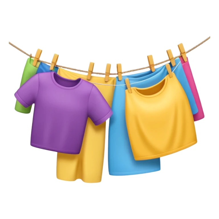 Apple-style 3D emoji showing two human hands hanging colorful clothes on a clothesline with clothespins, only hands, part of the rope, and laundry visible, bright cheerful atmosphere, clean white background, soft lighting



 sticker