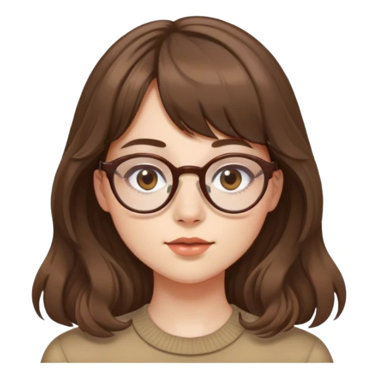 A girl with fair skin, single eyelids, a small nose, a small mouth, thin-framed glasses, bangs,long  brown wavy hair sticker