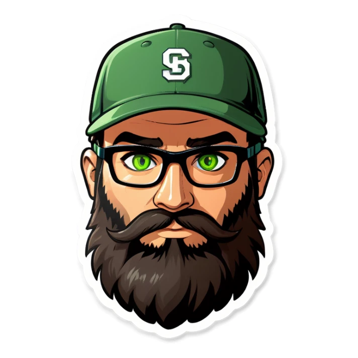 A man with a grey baseball cap, green eyes, big dark brown beard and glasses, gamers headset sticker
