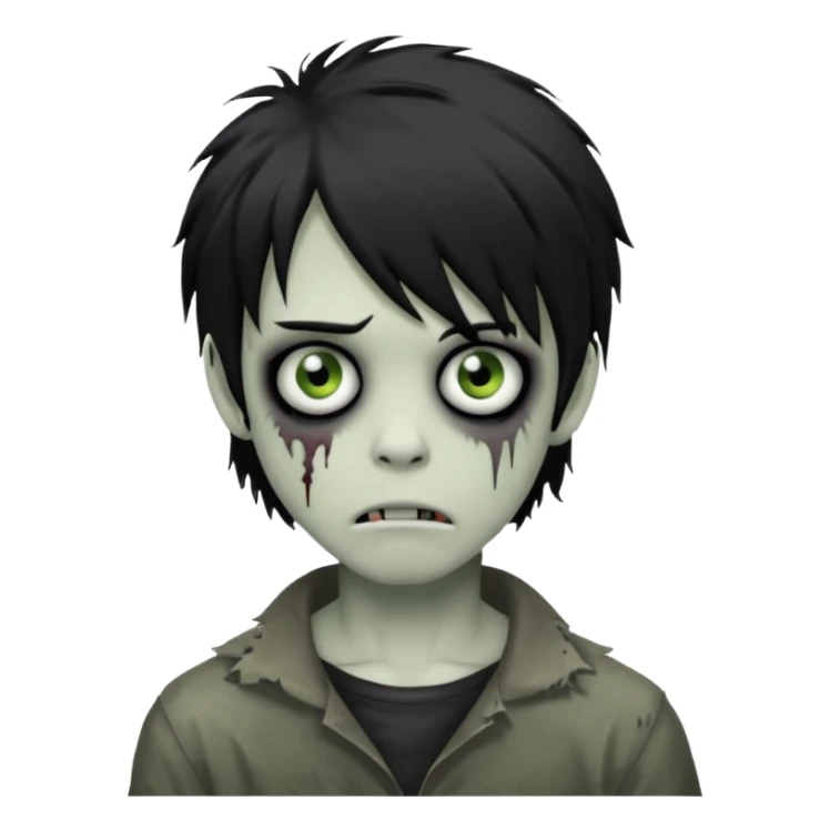 creepy boy zombie, black shaggy emo hair, medium long, dark and spooky look sticker