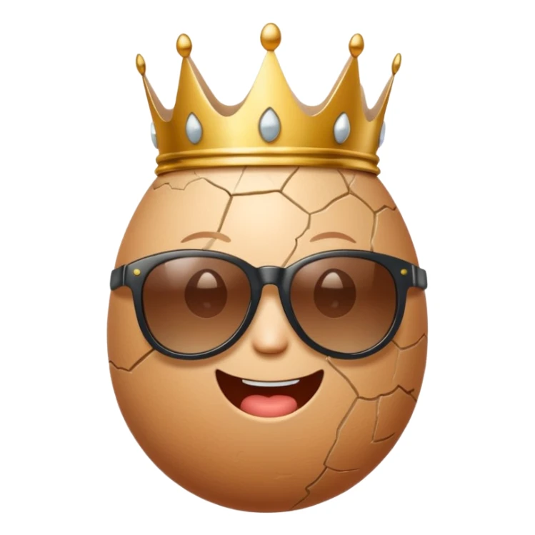 a funny, proud cartoon-style egg character wearing sunglasses and a small broken crown, solid orange background. sticker