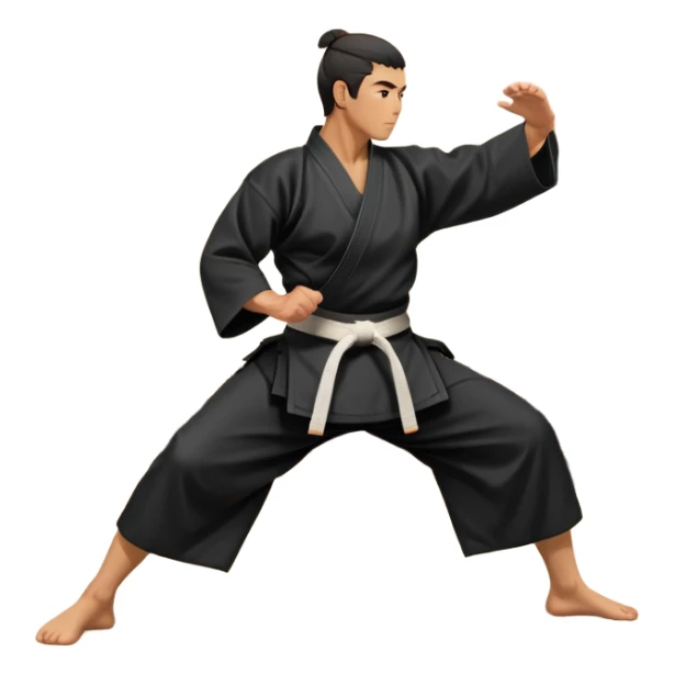 An icon depicting an aikido fighter in a black gi, executing a graceful throw in a martial arts dojo. The background features traditional wooden floors, tatami mats, and a serene atmosphere with soft lighting. The focus is on the fighter's precise technique and fluid movement. Transparent background sticker