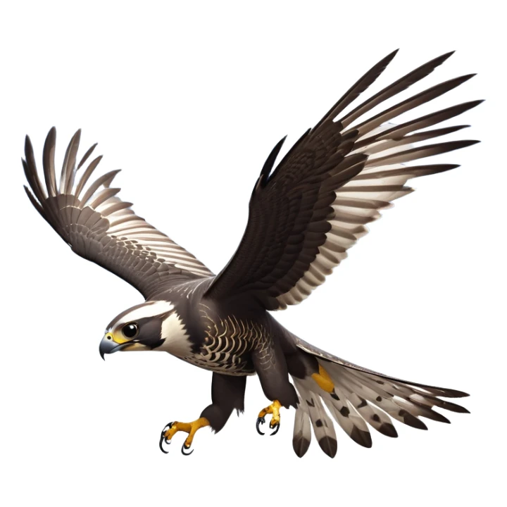 cinematic-peragrin falcon-realistic-full-body-diving-emoji,-sleek-aerodynamic-frame-plummeting-through-the-air-with-lightning-speed,-razor-sharp-talons-poised-for-the-strike,-feathered-wings-angled-for-maximum-precision,-keen-dark-eyes-locked-onto-its prey, white underside with black dotted feathers sticker