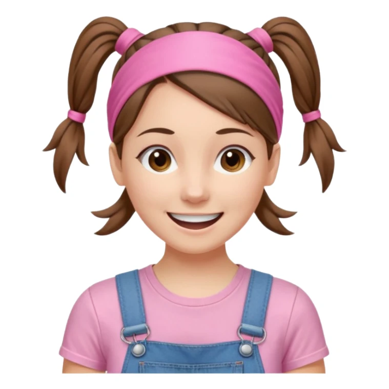 white woman with brown hair  tied together with one elastic pony tail. wearing a light pink thin width headband, Has a pink t-shirt with denim overalls. enthusiastic expression with big smile sticker