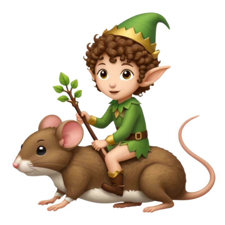 ttiny forest elf short tight curly brown hair riding mouse sticker