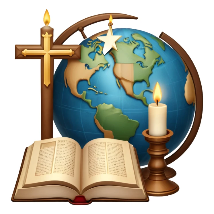 An icon featuring a holy book, a candle, and a cross, symbolizing religious studies. The design includes a globe with various religious symbols: a crescent moon and star (Islam), a lotus flower (Buddhism), representing global belief systems. Transparent background. sticker