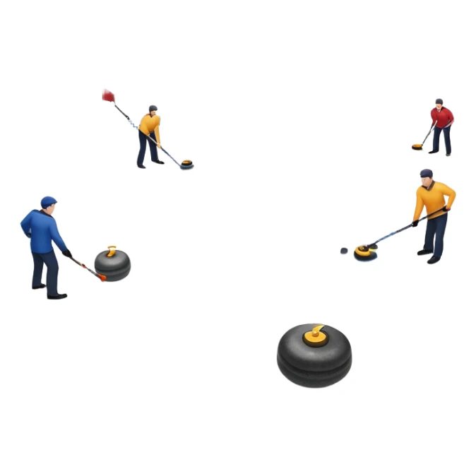 An icon showing a curling match on an indoor ice stadium, with a polished curling stone gliding toward the target and players sweeping. Spectators watch from stands, and flags hang above the rink. Transparent background highlights strategy and focus in the sport of curling. sticker