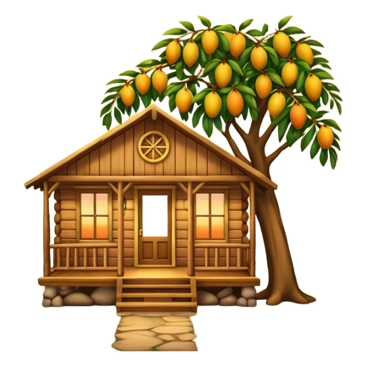 Warm wooden cabin with front porch under a mango tree branch, sunset sky in the background. Cozy, peaceful, emoji-style with soft edges and golden tones. sticker