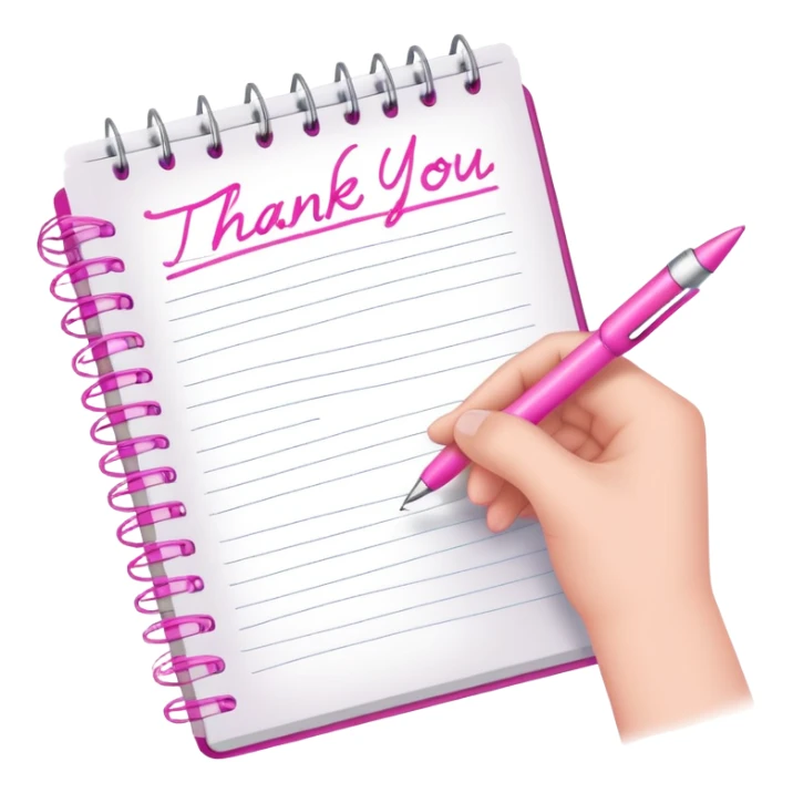 a hand writing a thank you note with a pink pen in a notebook sticker