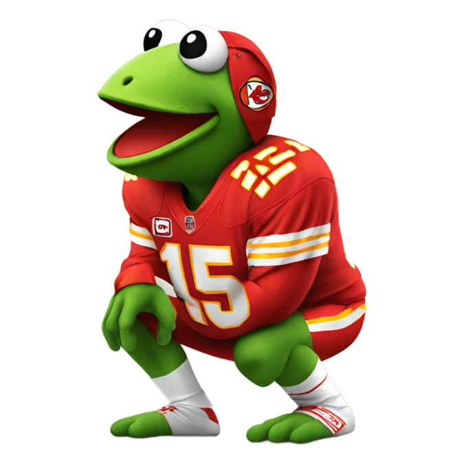A Kermit frog in a chiefs jersey with number 15 sticker