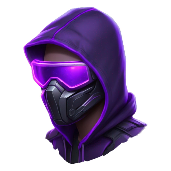 Side view developer behind his laptop with this style : crysis Cyberpunk Valorant neon glowing bright purple character purple violet black hooded assassin themed character sticker