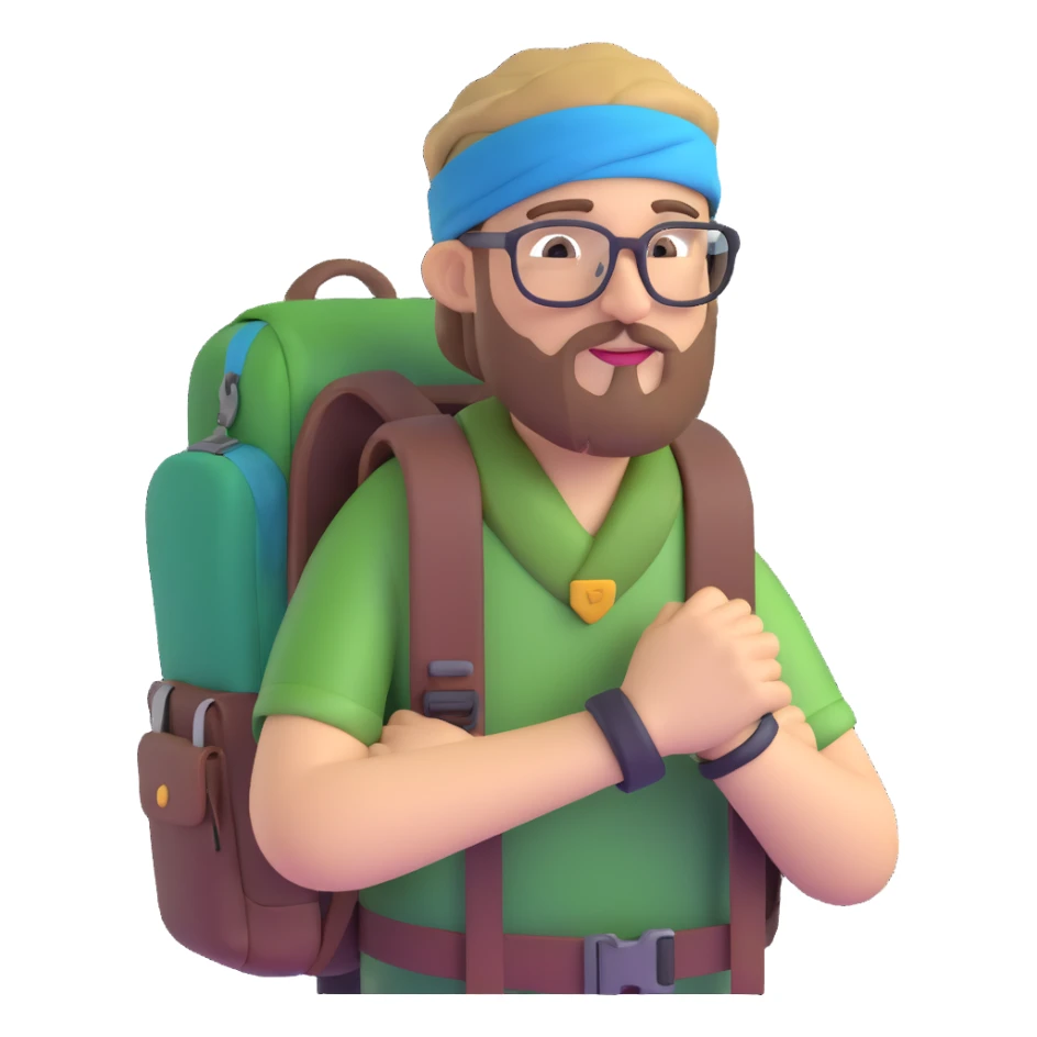 adventurer with goatee beard (no beard on cheeks), short hair, glasses, bandana on head and backpack sticker