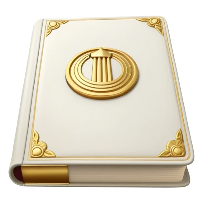 A white leather book with golden accents, smooth and polished, embossed with a symbol of six pillars columns,, radiating strength, confidence, and the power of self-worth.  sticker