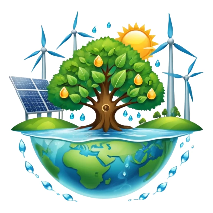 An icon featuring a green Earth, a tree, recycling symbols, and renewable energy sources like wind turbines, solar panels, and hydropower. The design includes animals, water droplets, and the sun, representing ecology, sustainable energy, and environmental protection. Transparent background. sticker