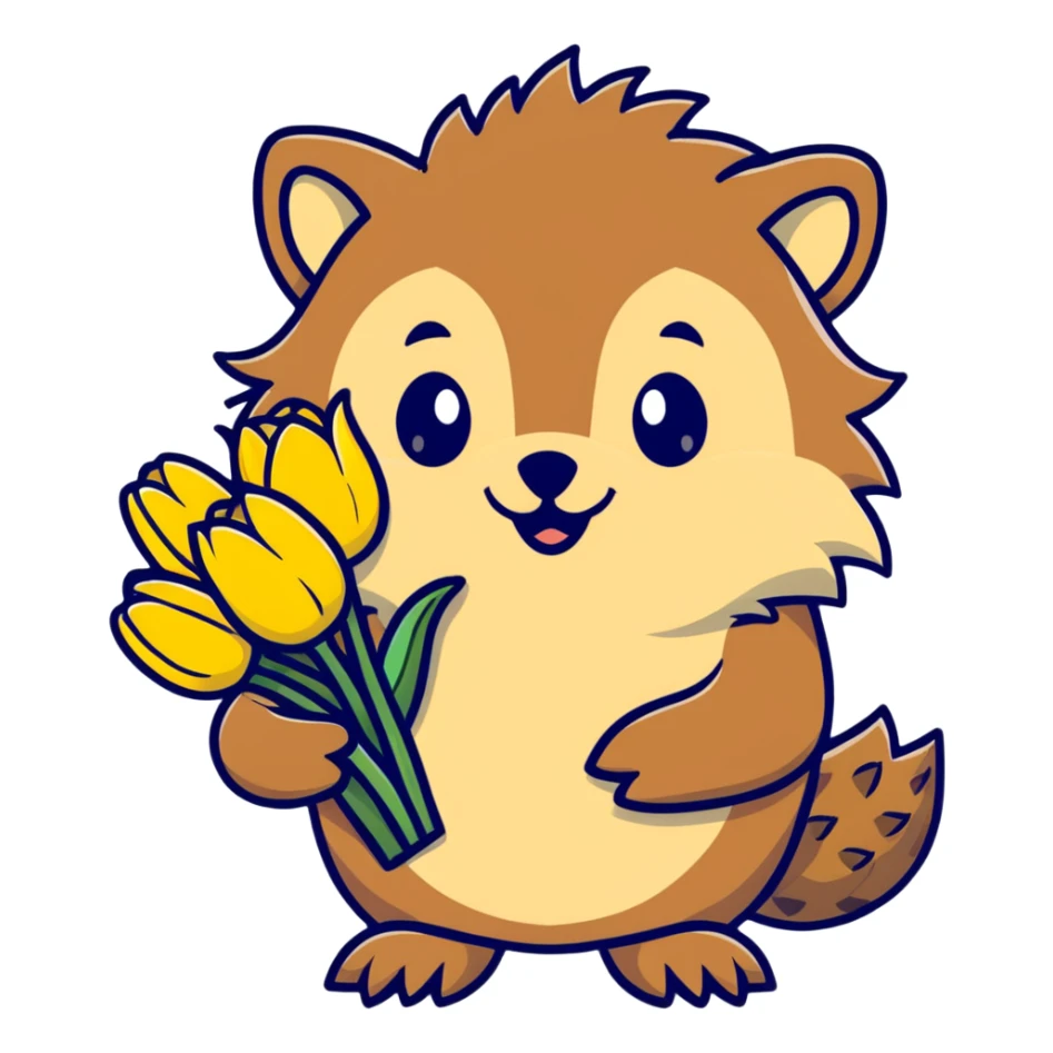 adorable hedgehog with a bouquet of yellow tulips sticker