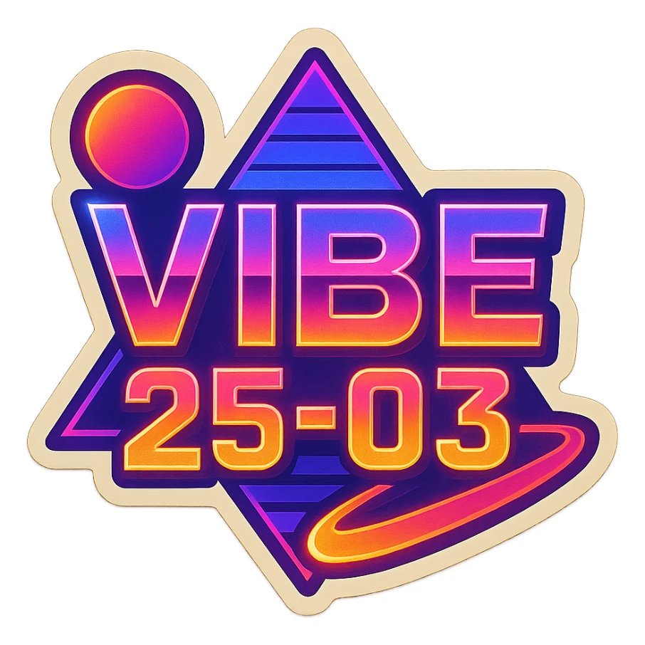 Transform the VIBE25-03 logo into an 80's retro style with neon colors, bold geometric shapes, and vintage synthwave aesthetics. Keep it vibrant and energetic, capturing the essence of classic 80's synthwave visuals with glowing neon lights and dynamic shapes. sticker