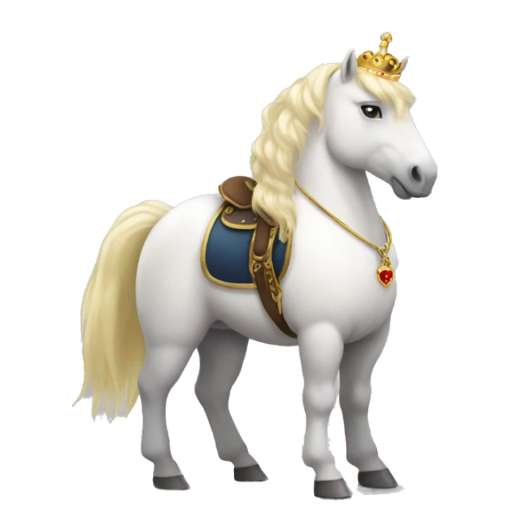 Fatty white pony with blonde hair. It needs to be a standing position, with a gold crown and lots of jewelry. It needs to have a red and gold saddle. Please add lots jewelry detail sticker