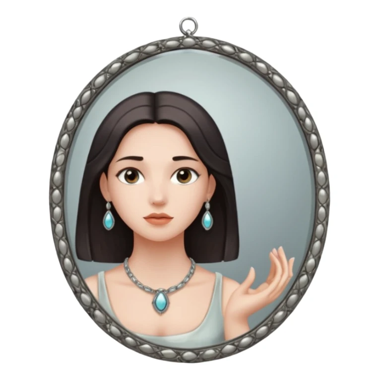 Woman facing ancient mirror, reflection slightly delayed and darker sticker