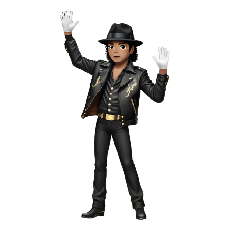 Icon for R&B Music: Michael Jackson in full growth in his black fedora, sparkling glove, and leather jacket, striking his famous final pose after performing, with one arm raised and head tilted back. Musical notes surround him, symbolizing the essence of R&B. Transparent background. sticker