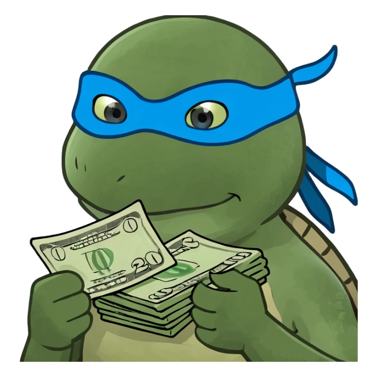ninja turtle wearing blue eye mask with money sticker