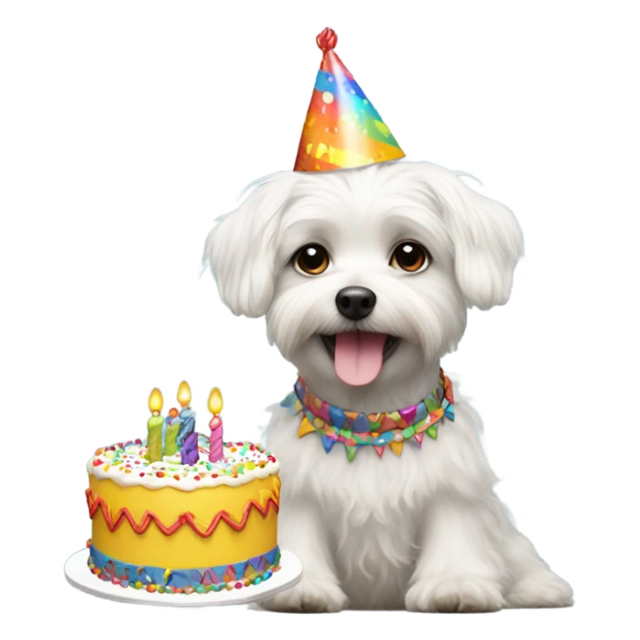 White male small dog wearing birthday hat with a cake  sticker