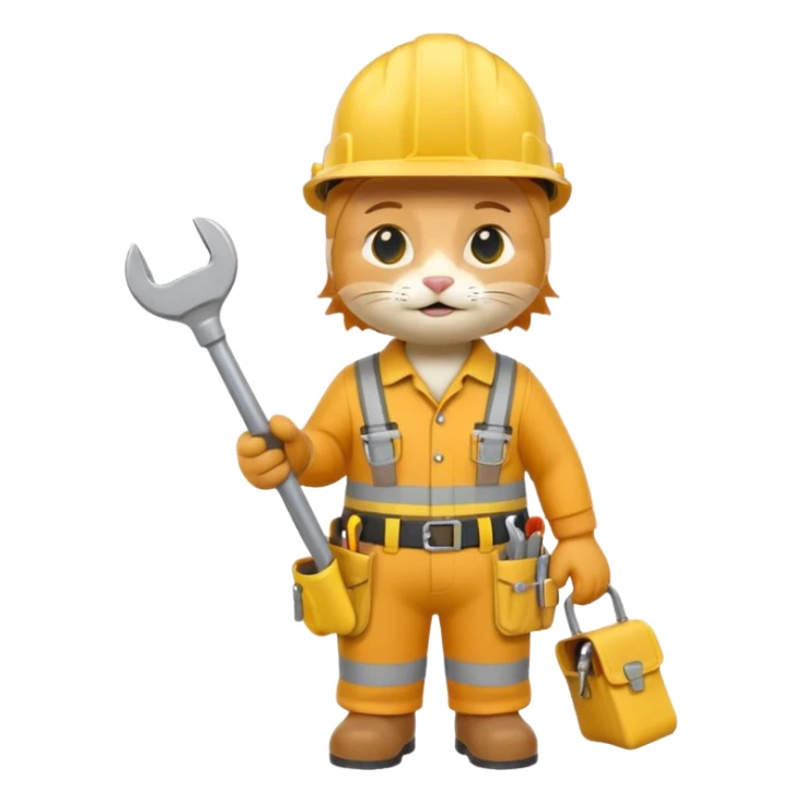 orange tabby cat wearing yellow hard hat holding tiny wrench, standing upright with tool belt, 3D emoji style sticker