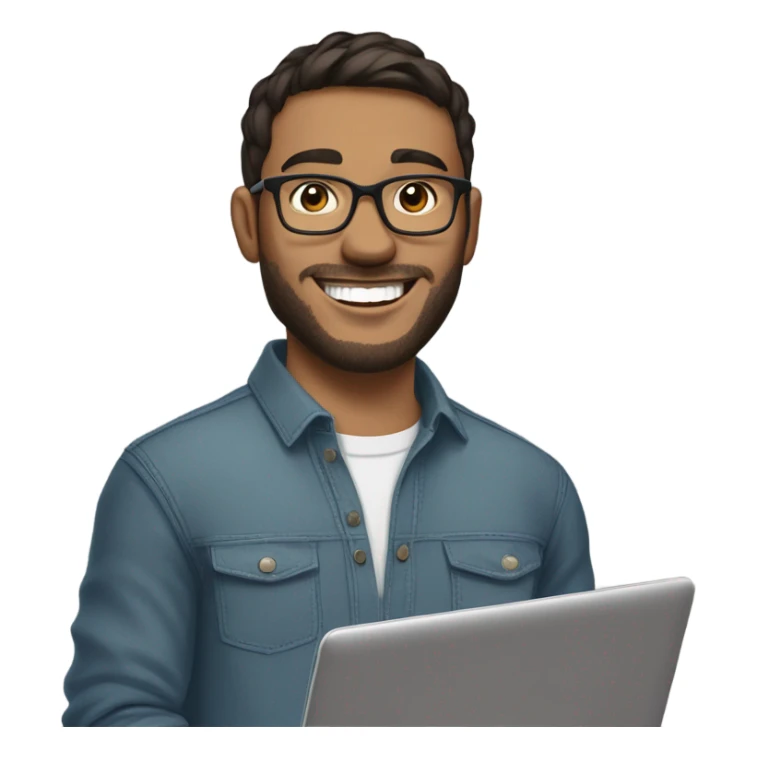  A young man with a short beard and glasses, smiling confidently. He is holding a laptop with both hands in front of him. The background is neutral or light, to keep the focus on the subject. The man has a friendly, approachable demeanor, and his style is casual yet modern. His attire consists of a comfortable shirt or sweater. He has short, dark hair and is standing in a relaxed position, exuding positivity and confidence. sticker