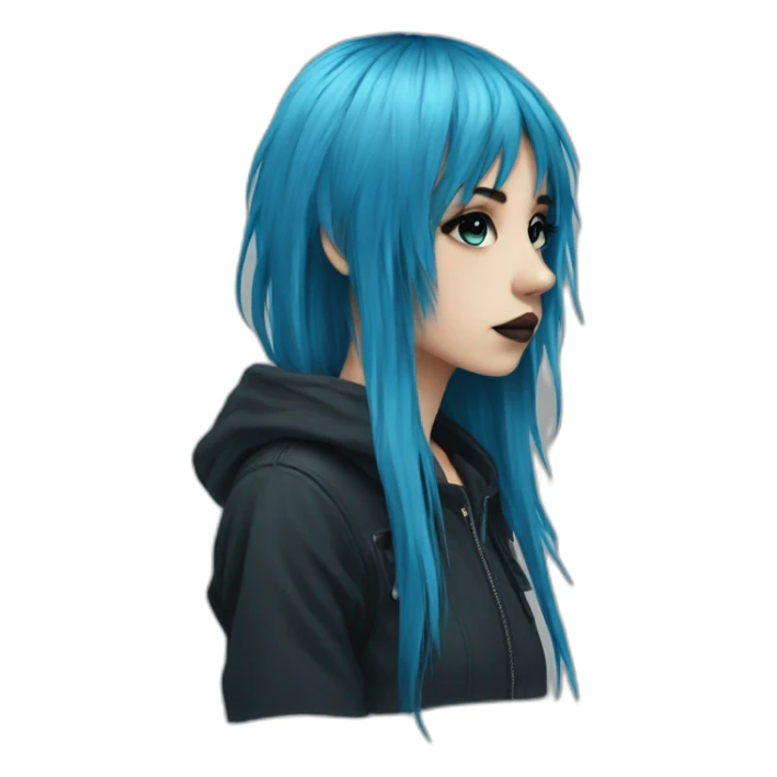 Side profile sad emo girl, black makeup, long choppy blue hair side bangs sticker