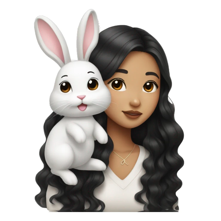 Asian girl with black Long Beach waves with cute white bunny sticker