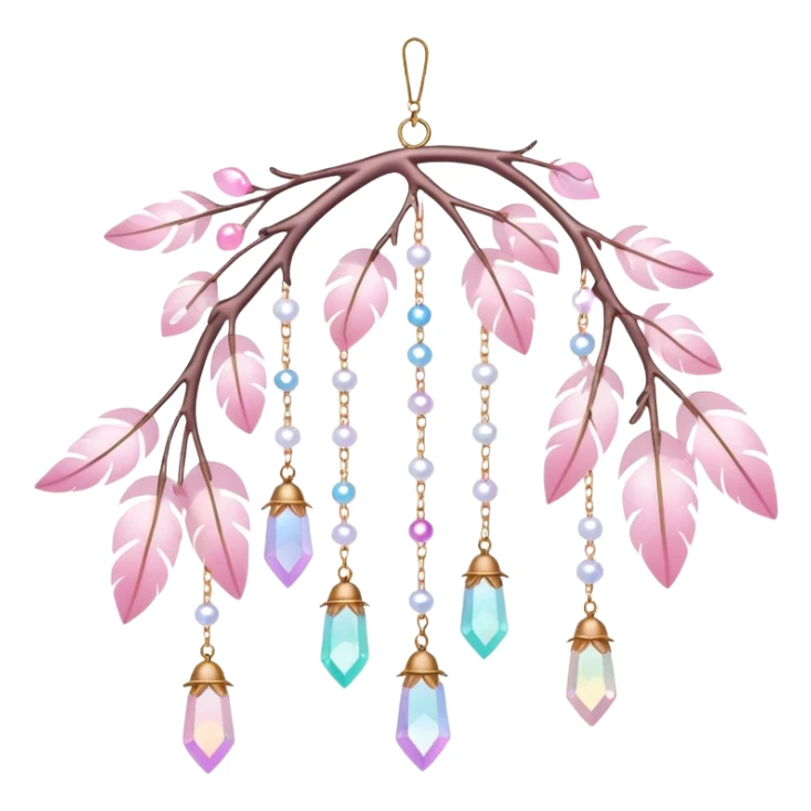 Hanging Iridescent pastel pink sakura crystals white-pearly suncatcher with bells and feathers sticker