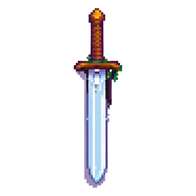 Rotate the sword 270 degrees and make it larger, keep 8-bit pixel art style, transparent background. sticker