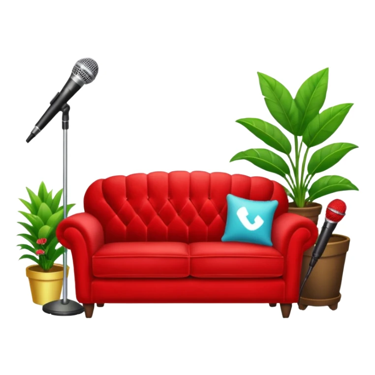 red velvet couch with a mic, houseplants, and karaoke sign sticker