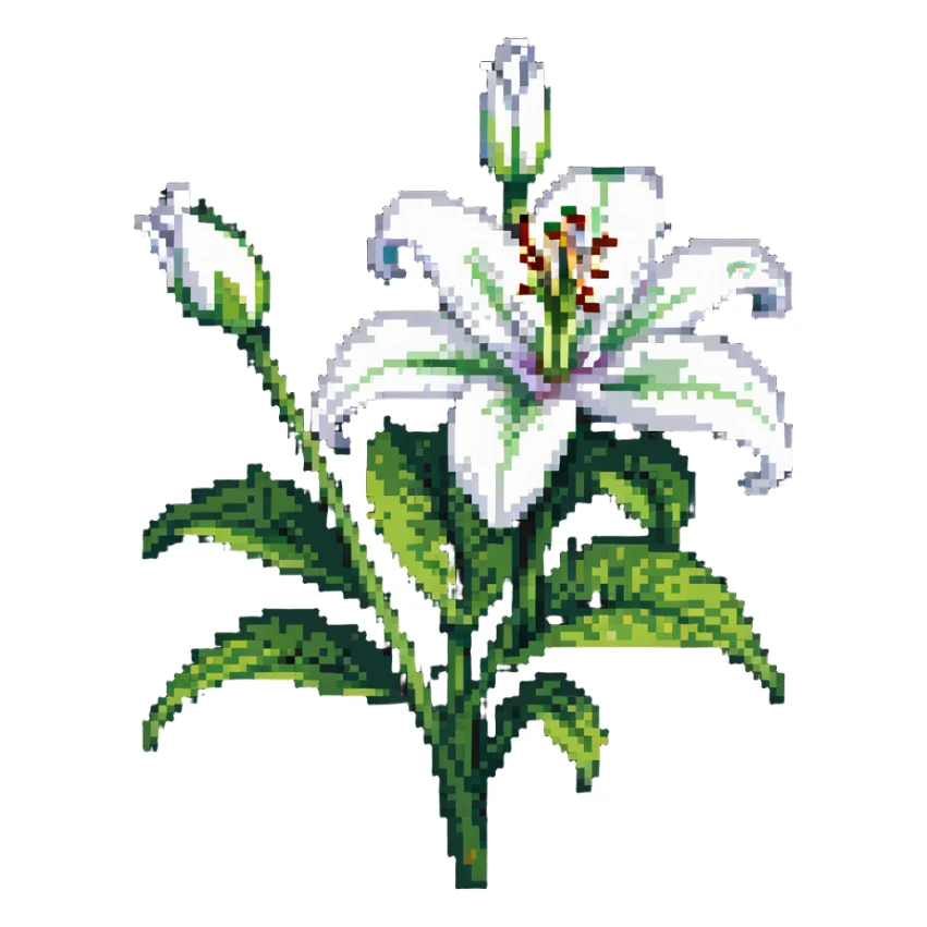 white lily flower with six petals, bud, and green leaves sticker