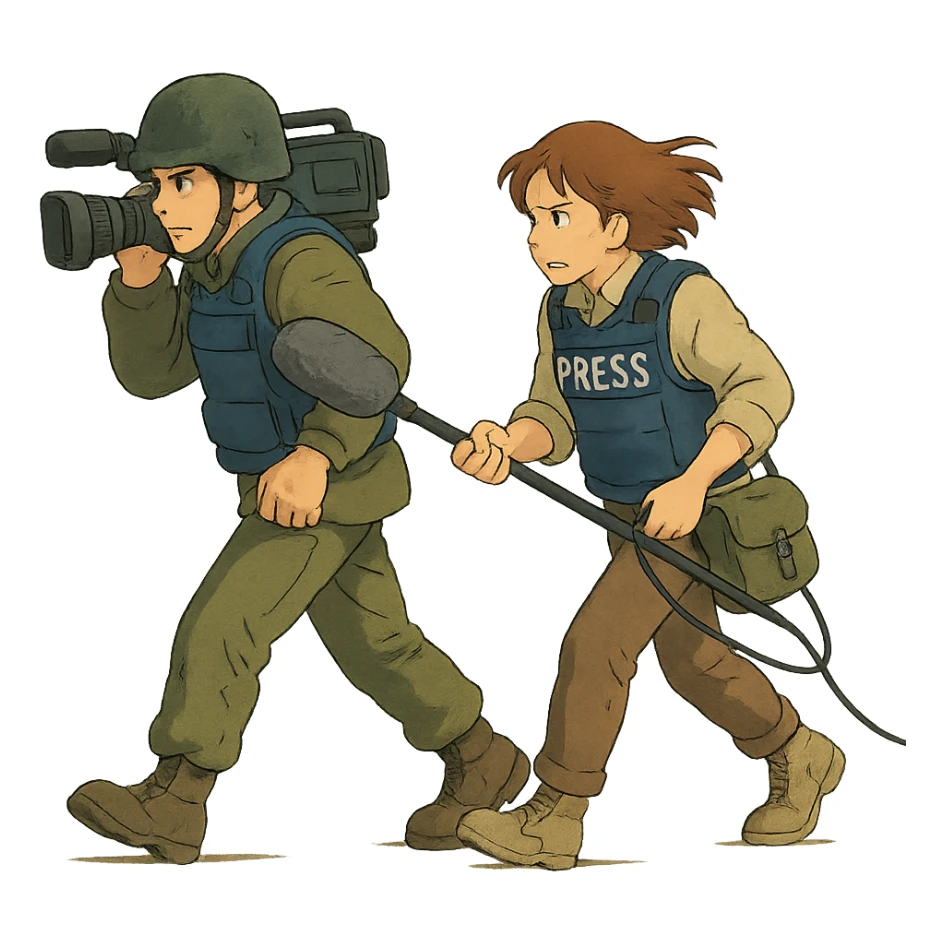  walking from left to right across frame: a cameraman, and a microphone operator, ONLY two people, war correspondents, tense moment sticker
