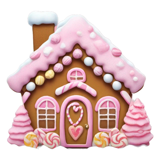 Pink gingerbread house with candy decorations, snow-covered roof, and a tiny heart on the door sticker