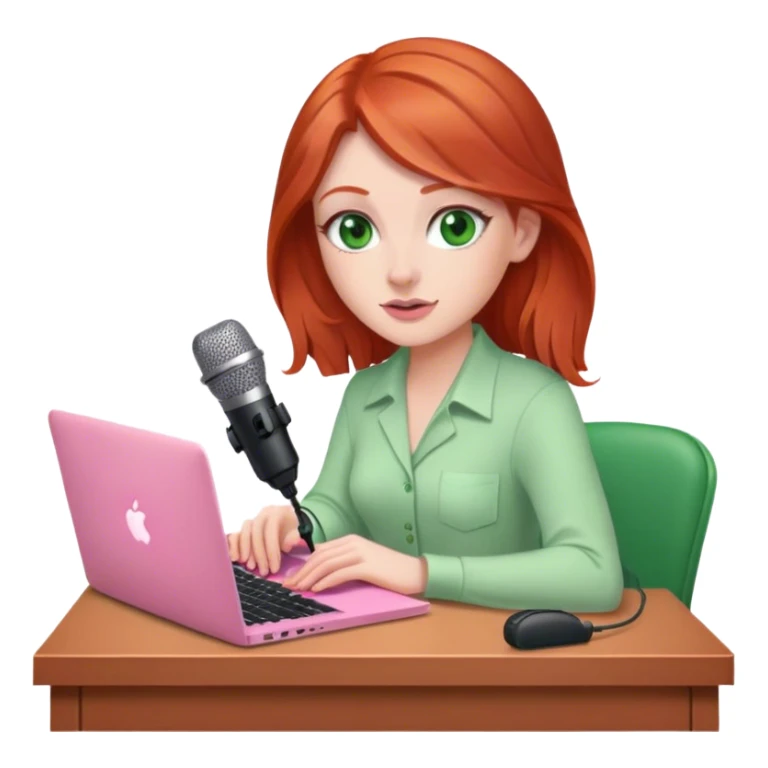 Redhead with green eyes sat at desk with pink MacBook and  podcast microphone  sticker